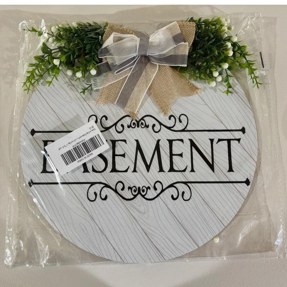 Basement Door Sign Farmhouse Round Wood Plaque Wreath Burlap Bow Greenery 11in